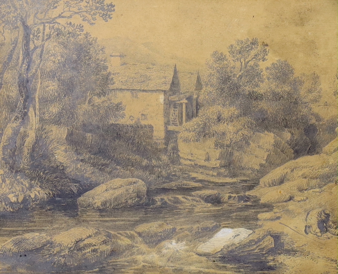 David Cox Jr. (1809-1885), pencil drawing, figure before a watermill, signed and dated 1821, 17 x 21cm